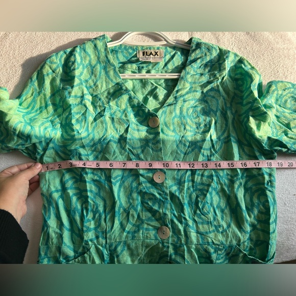 Flax Linen Peplum Teal Rose Floral Button-Up Blouse - Picture 9 of 10